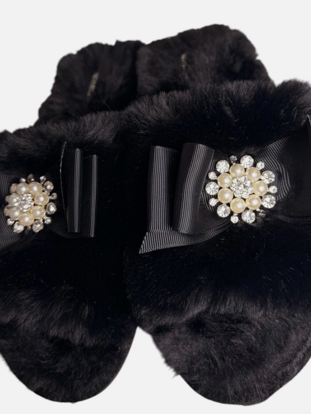 Women's Black Faux Fur Slippers with Pearl & Crystal Brooch